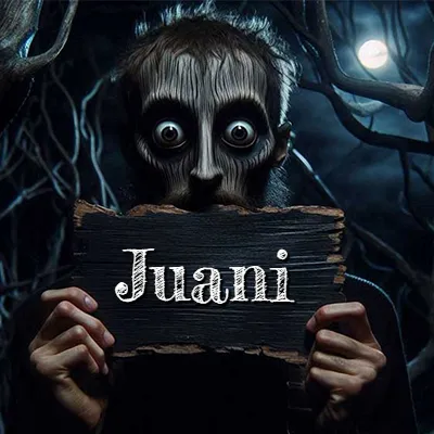 Figura surrealista de rostro pálido con ojos muy saltones en un bosque oscuro, sosteniendo un trozo de madera negra cubriendo su boca bajo la luz de la luna. - Juani