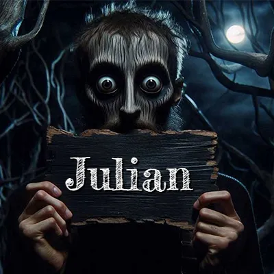 Obra de arte de terror fantástico: un rostro misterioso con ojos saltones y grandes rodeados de sombras oscuras y arrugas similares a corteza. Sostiene una pieza de madera vieja y quemada en un bosque nocturno bajo la luna. El nombre Julian aparece en letras blancas clásicas en la tabla de madera quemada.