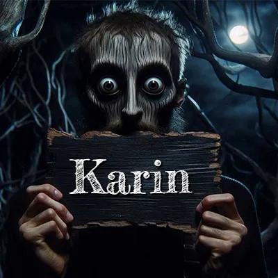 Obra de arte de terror fantástico: un rostro misterioso con ojos saltones y grandes rodeados de sombras oscuras y arrugas similares a corteza. Sostiene una pieza de madera vieja y quemada en un bosque nocturno bajo la luna. El nombre Karin aparece en letras blancas clásicas en la tabla de madera quemada.