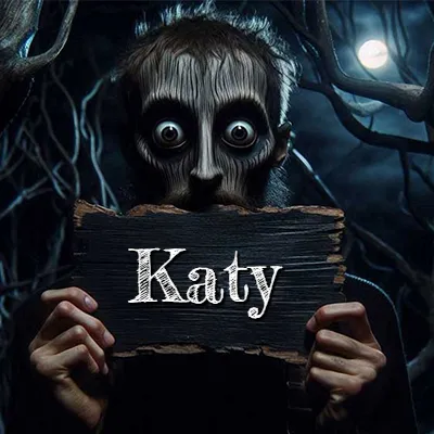 Figura surrealista de rostro pálido con ojos muy saltones en un bosque oscuro, sosteniendo un trozo de madera negra cubriendo su boca bajo la luz de la luna. - Katy