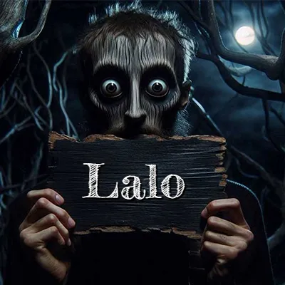 Figura surrealista de rostro pálido con ojos muy saltones en un bosque oscuro, sosteniendo un trozo de madera negra cubriendo su boca bajo la luz de la luna. - Lalo