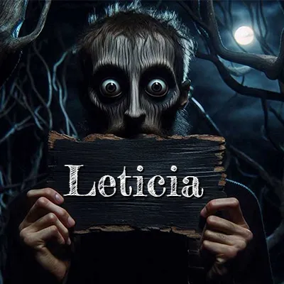Figura surrealista de rostro pálido con ojos muy saltones en un bosque oscuro, sosteniendo un trozo de madera negra cubriendo su boca bajo la luz de la luna. - Leticia