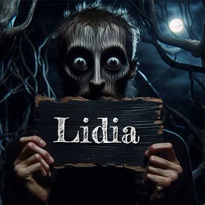 Figura surrealista de rostro pálido con ojos muy saltones en un bosque oscuro, sosteniendo un trozo de madera negra cubriendo su boca bajo la luz de la luna. - Lidia