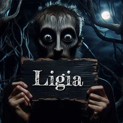 Figura surrealista de rostro pálido con ojos muy saltones en un bosque oscuro, sosteniendo un trozo de madera negra cubriendo su boca bajo la luz de la luna. - Ligia Figura surrealista de rostro pálido con ojos muy saltones en un bosque oscuro, sosteniendo un trozo de madera negra cubriendo su boca bajo la luz de la luna. - Ligia