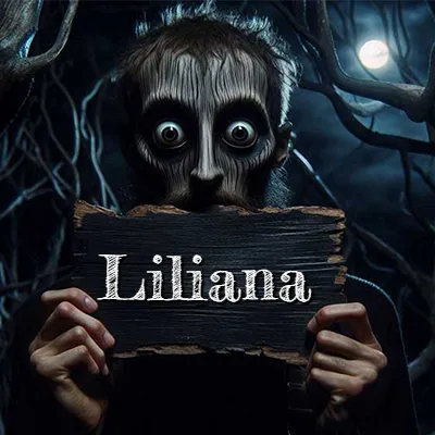 Figura surrealista de rostro pálido con ojos muy saltones en un bosque oscuro, sosteniendo un trozo de madera negra cubriendo su boca bajo la luz de la luna. - Liliana