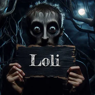 Obra de arte de terror fantástico: un rostro misterioso con ojos saltones y grandes rodeados de sombras oscuras y arrugas similares a corteza. Sostiene una pieza de madera vieja y quemada en un bosque nocturno bajo la luna. El nombre Loli aparece en letras blancas clásicas en la tabla de madera quemada.