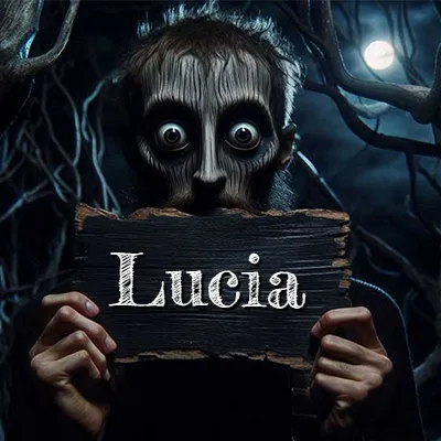 Obra de arte de terror fantástico: un rostro misterioso con ojos saltones y grandes rodeados de sombras oscuras y arrugas similares a corteza. Sostiene una pieza de madera vieja y quemada en un bosque nocturno bajo la luna. El nombre Lucia aparece en letras blancas clásicas en la tabla de madera quemada.