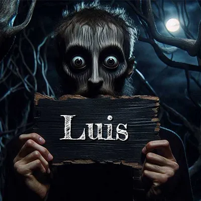 Obra de arte de terror fantástico: un rostro misterioso con ojos saltones y grandes rodeados de sombras oscuras y arrugas similares a corteza. Sostiene una pieza de madera vieja y quemada en un bosque nocturno bajo la luna. El nombre Luis aparece en letras blancas clásicas en la tabla de madera quemada.
