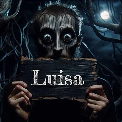 Obra de arte de terror fantástico: un rostro misterioso con ojos saltones y grandes rodeados de sombras oscuras y arrugas similares a corteza. Sostiene una pieza de madera vieja y quemada en un bosque nocturno bajo la luna. El nombre Luisa aparece en letras blancas clásicas en la tabla de madera quemada.