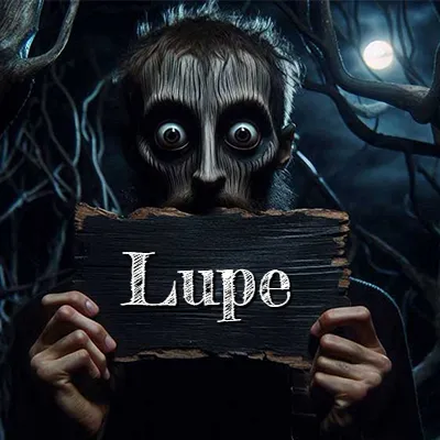 Figura surrealista de rostro pálido con ojos muy saltones en un bosque oscuro, sosteniendo un trozo de madera negra cubriendo su boca bajo la luz de la luna. - Lupe Figura surrealista de rostro pálido con ojos muy saltones en un bosque oscuro, sosteniendo un trozo de madera negra cubriendo su boca bajo la luz de la luna. - Lupe