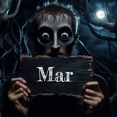 Obra de arte de terror fantástico: un rostro misterioso con ojos saltones y grandes rodeados de sombras oscuras y arrugas similares a corteza. Sostiene una pieza de madera vieja y quemada en un bosque nocturno bajo la luna. El nombre Mar aparece en letras blancas clásicas en la tabla de madera quemada.