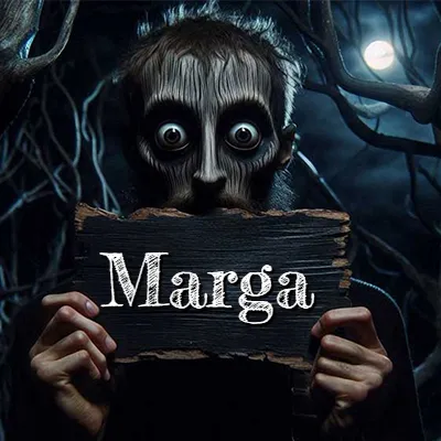 Obra de arte de terror fantástico: un rostro misterioso con ojos saltones y grandes rodeados de sombras oscuras y arrugas similares a corteza. Sostiene una pieza de madera vieja y quemada en un bosque nocturno bajo la luna. El nombre Marga aparece en letras blancas clásicas en la tabla de madera quemada.