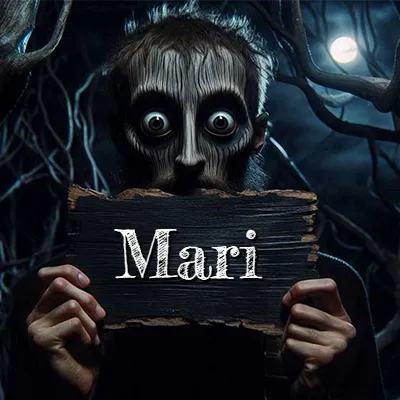 Obra de arte de terror fantástico: un rostro misterioso con ojos saltones y grandes rodeados de sombras oscuras y arrugas similares a corteza. Sostiene una pieza de madera vieja y quemada en un bosque nocturno bajo la luna. El nombre Mari aparece en letras blancas clásicas en la tabla de madera quemada.