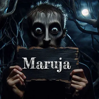 Figura surrealista de rostro pálido con ojos muy saltones en un bosque oscuro, sosteniendo un trozo de madera negra cubriendo su boca bajo la luz de la luna. - Maruja
