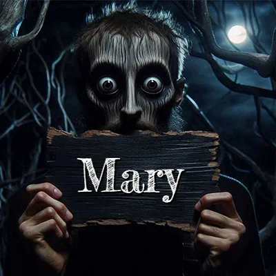 Obra de arte de terror fantástico: un rostro misterioso con ojos saltones y grandes rodeados de sombras oscuras y arrugas similares a corteza. Sostiene una pieza de madera vieja y quemada en un bosque nocturno bajo la luna. El nombre Mary aparece en letras blancas clásicas en la tabla de madera quemada.