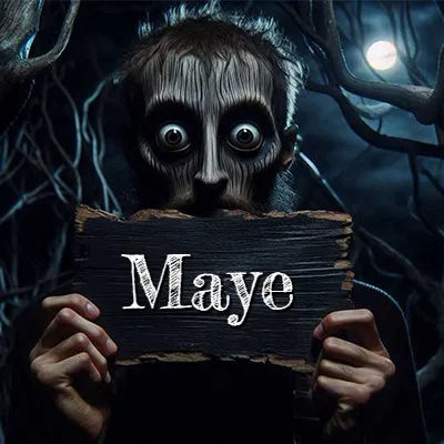 Figura surrealista de rostro pálido con ojos muy saltones en un bosque oscuro, sosteniendo un trozo de madera negra cubriendo su boca bajo la luz de la luna. - Maye Figura surrealista de rostro pálido con ojos muy saltones en un bosque oscuro, sosteniendo un trozo de madera negra cubriendo su boca bajo la luz de la luna. - Maye