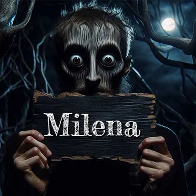 Figura surrealista de rostro pálido con ojos muy saltones en un bosque oscuro, sosteniendo un trozo de madera negra cubriendo su boca bajo la luz de la luna. - Milena