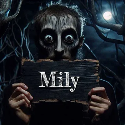 Figura surrealista de rostro pálido con ojos muy saltones en un bosque oscuro, sosteniendo un trozo de madera negra cubriendo su boca bajo la luz de la luna. - Mily