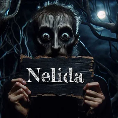 Figura surrealista de rostro pálido con ojos muy saltones en un bosque oscuro, sosteniendo un trozo de madera negra cubriendo su boca bajo la luz de la luna. - Nelida