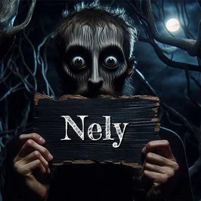 Figura surrealista de rostro pálido con ojos muy saltones en un bosque oscuro, sosteniendo un trozo de madera negra cubriendo su boca bajo la luz de la luna. - Nely