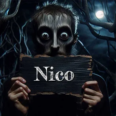 Obra de arte de terror fantástico: un rostro misterioso con ojos saltones y grandes rodeados de sombras oscuras y arrugas similares a corteza. Sostiene una pieza de madera vieja y quemada en un bosque nocturno bajo la luna. El nombre Nico aparece en letras blancas clásicas en la tabla de madera quemada.