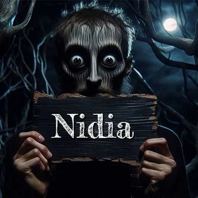 Figura surrealista de rostro pálido con ojos muy saltones en un bosque oscuro, sosteniendo un trozo de madera negra cubriendo su boca bajo la luz de la luna. - Nidia