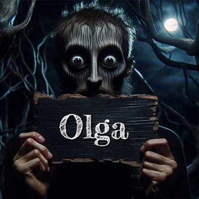 Figura surrealista de rostro pálido con ojos muy saltones en un bosque oscuro, sosteniendo un trozo de madera negra cubriendo su boca bajo la luz de la luna. - Olga