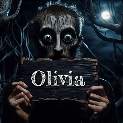 Figura surrealista de rostro pálido con ojos muy saltones en un bosque oscuro, sosteniendo un trozo de madera negra cubriendo su boca bajo la luz de la luna. - Olivia