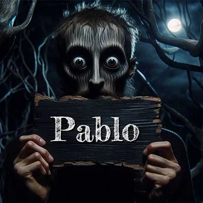 Figura surrealista de rostro pálido con ojos muy saltones en un bosque oscuro, sosteniendo un trozo de madera negra cubriendo su boca bajo la luz de la luna. - Pablo