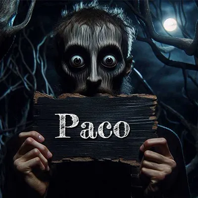Figura surrealista de rostro pálido con ojos muy saltones en un bosque oscuro, sosteniendo un trozo de madera negra cubriendo su boca bajo la luz de la luna. - Paco Figura surrealista de rostro pálido con ojos muy saltones en un bosque oscuro, sosteniendo un trozo de madera negra cubriendo su boca bajo la luz de la luna. - Paco