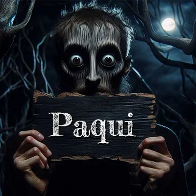 Obra de arte de terror fantástico: un rostro misterioso con ojos saltones y grandes rodeados de sombras oscuras y arrugas similares a corteza. Sostiene una pieza de madera vieja y quemada en un bosque nocturno bajo la luna. El nombre Paqui aparece en letras blancas clásicas en la tabla de madera quemada.