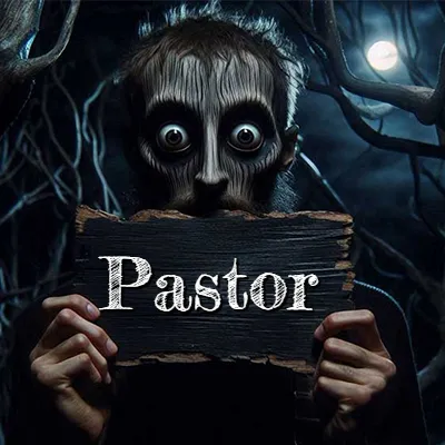 Obra de arte de terror fantástico: un rostro misterioso con ojos saltones y grandes rodeados de sombras oscuras y arrugas similares a corteza. Sostiene una pieza de madera vieja y quemada en un bosque nocturno bajo la luna. El nombre Pastor aparece en letras blancas clásicas en la tabla de madera quemada.