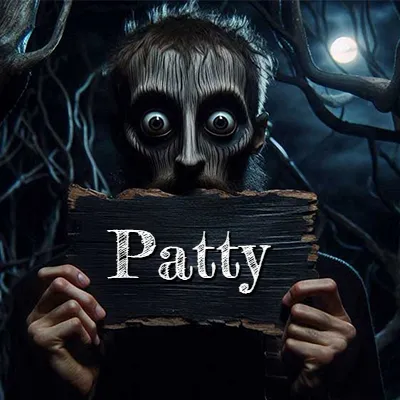 Figura surrealista de rostro pálido con ojos muy saltones en un bosque oscuro, sosteniendo un trozo de madera negra cubriendo su boca bajo la luz de la luna. - Patty