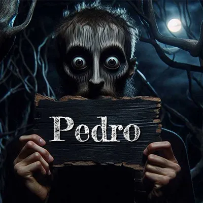 Figura surrealista de rostro pálido con ojos muy saltones en un bosque oscuro, sosteniendo un trozo de madera negra cubriendo su boca bajo la luz de la luna. - Pedro