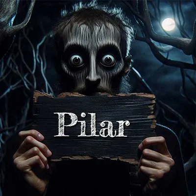 Figura surrealista de rostro pálido con ojos muy saltones en un bosque oscuro, sosteniendo un trozo de madera negra cubriendo su boca bajo la luz de la luna. - Pilar