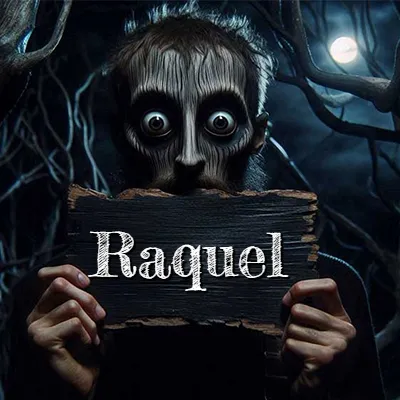 Figura surrealista de rostro pálido con ojos muy saltones en un bosque oscuro, sosteniendo un trozo de madera negra cubriendo su boca bajo la luz de la luna. - Raquel