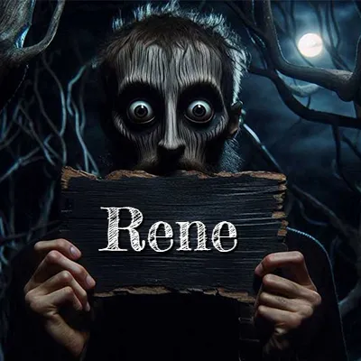 Figura surrealista de rostro pálido con ojos muy saltones en un bosque oscuro, sosteniendo un trozo de madera negra cubriendo su boca bajo la luz de la luna. - Rene