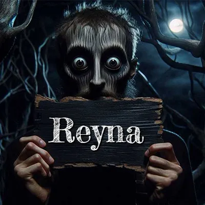 Obra de arte de terror fantástico: un rostro misterioso con ojos saltones y grandes rodeados de sombras oscuras y arrugas similares a corteza. Sostiene una pieza de madera vieja y quemada en un bosque nocturno bajo la luna. El nombre Reyna aparece en letras blancas clásicas en la tabla de madera quemada.