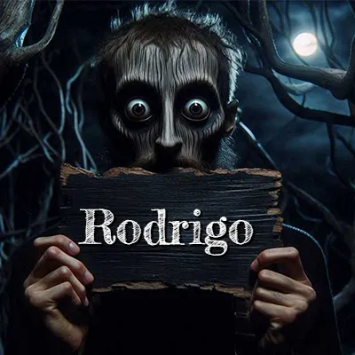 Figura surrealista de rostro pálido con ojos muy saltones en un bosque oscuro, sosteniendo un trozo de madera negra cubriendo su boca bajo la luz de la luna. - Rodrigo