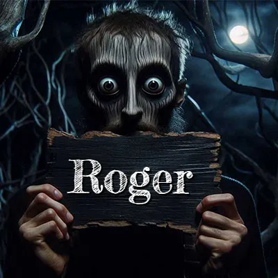 Figura surrealista de rostro pálido con ojos muy saltones en un bosque oscuro, sosteniendo un trozo de madera negra cubriendo su boca bajo la luz de la luna. - Roger