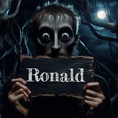 Figura surrealista de rostro pálido con ojos muy saltones en un bosque oscuro, sosteniendo un trozo de madera negra cubriendo su boca bajo la luz de la luna. - Ronald Figura surrealista de rostro pálido con ojos muy saltones en un bosque oscuro, sosteniendo un trozo de madera negra cubriendo su boca bajo la luz de la luna. - Ronald