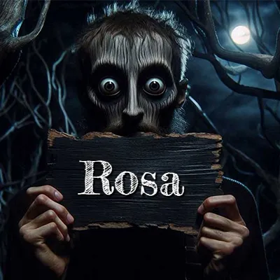 Obra de arte de terror fantástico: un rostro misterioso con ojos saltones y grandes rodeados de sombras oscuras y arrugas similares a corteza. Sostiene una pieza de madera vieja y quemada en un bosque nocturno bajo la luna. El nombre Rosa aparece en letras blancas clásicas en la tabla de madera quemada.