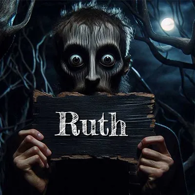 Figura surrealista de rostro pálido con ojos muy saltones en un bosque oscuro, sosteniendo un trozo de madera negra cubriendo su boca bajo la luz de la luna. - Ruth
