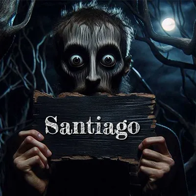 Figura surrealista de rostro pálido con ojos muy saltones en un bosque oscuro, sosteniendo un trozo de madera negra cubriendo su boca bajo la luz de la luna. - Santiago