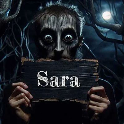 Obra de arte de terror fantástico: un rostro misterioso con ojos saltones y grandes rodeados de sombras oscuras y arrugas similares a corteza. Sostiene una pieza de madera vieja y quemada en un bosque nocturno bajo la luna. El nombre Sara aparece en letras blancas clásicas en la tabla de madera quemada.