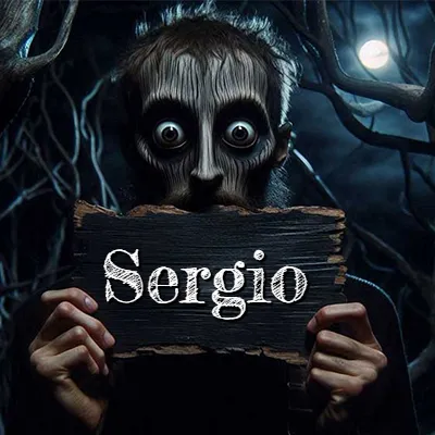 Figura surrealista de rostro pálido con ojos muy saltones en un bosque oscuro, sosteniendo un trozo de madera negra cubriendo su boca bajo la luz de la luna. - Sergio
