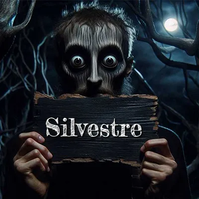 Figura surrealista de rostro pálido con ojos muy saltones en un bosque oscuro, sosteniendo un trozo de madera negra cubriendo su boca bajo la luz de la luna. - Silvestre
