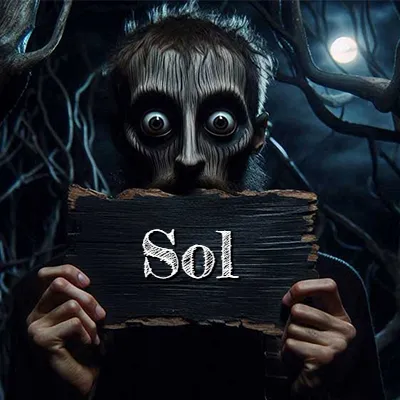 Obra de arte de terror fantástico: un rostro misterioso con ojos saltones y grandes rodeados de sombras oscuras y arrugas similares a corteza. Sostiene una pieza de madera vieja y quemada en un bosque nocturno bajo la luna. El nombre Sol aparece en letras blancas clásicas en la tabla de madera quemada.