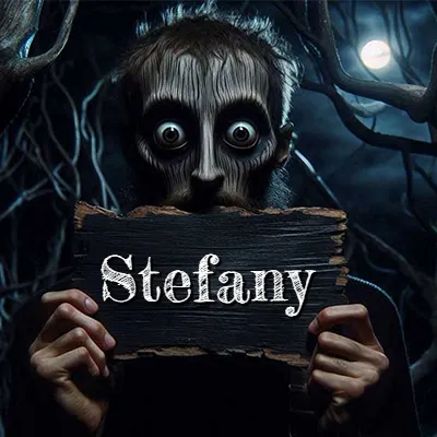 Figura surrealista de rostro pálido con ojos muy saltones en un bosque oscuro, sosteniendo un trozo de madera negra cubriendo su boca bajo la luz de la luna. - Stefany