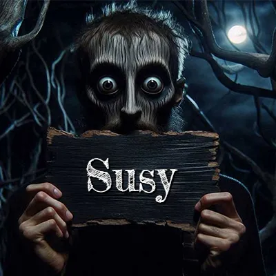 Figura surrealista de rostro pálido con ojos muy saltones en un bosque oscuro, sosteniendo un trozo de madera negra cubriendo su boca bajo la luz de la luna. - Susy
